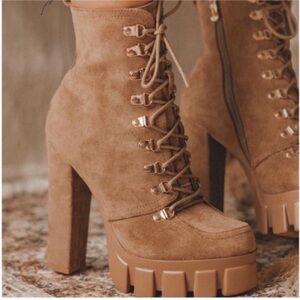 Chic Tan Lace-Up High Heel Boots
